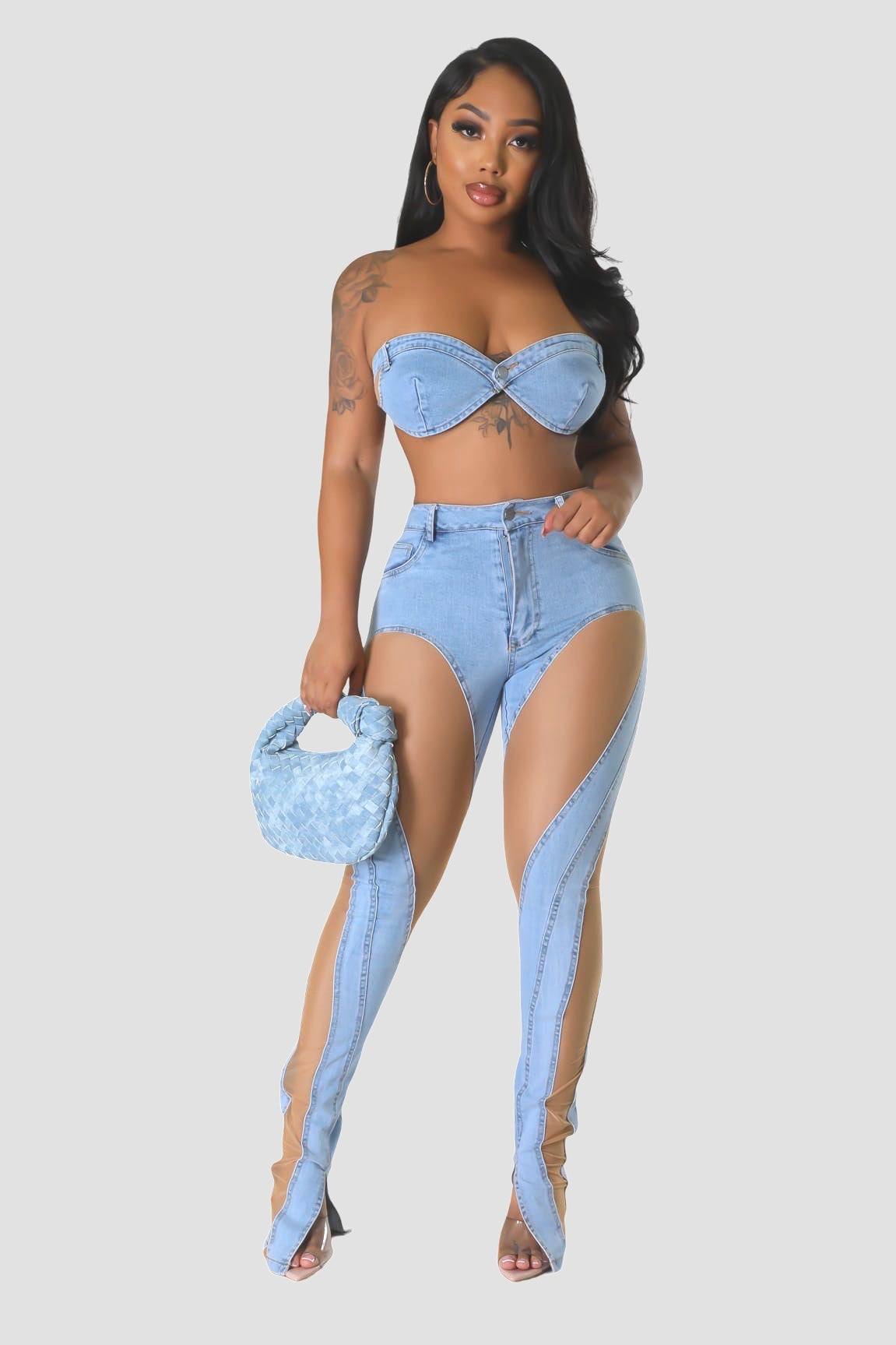 Level Up.....Mesh Denim Combo Pants Set