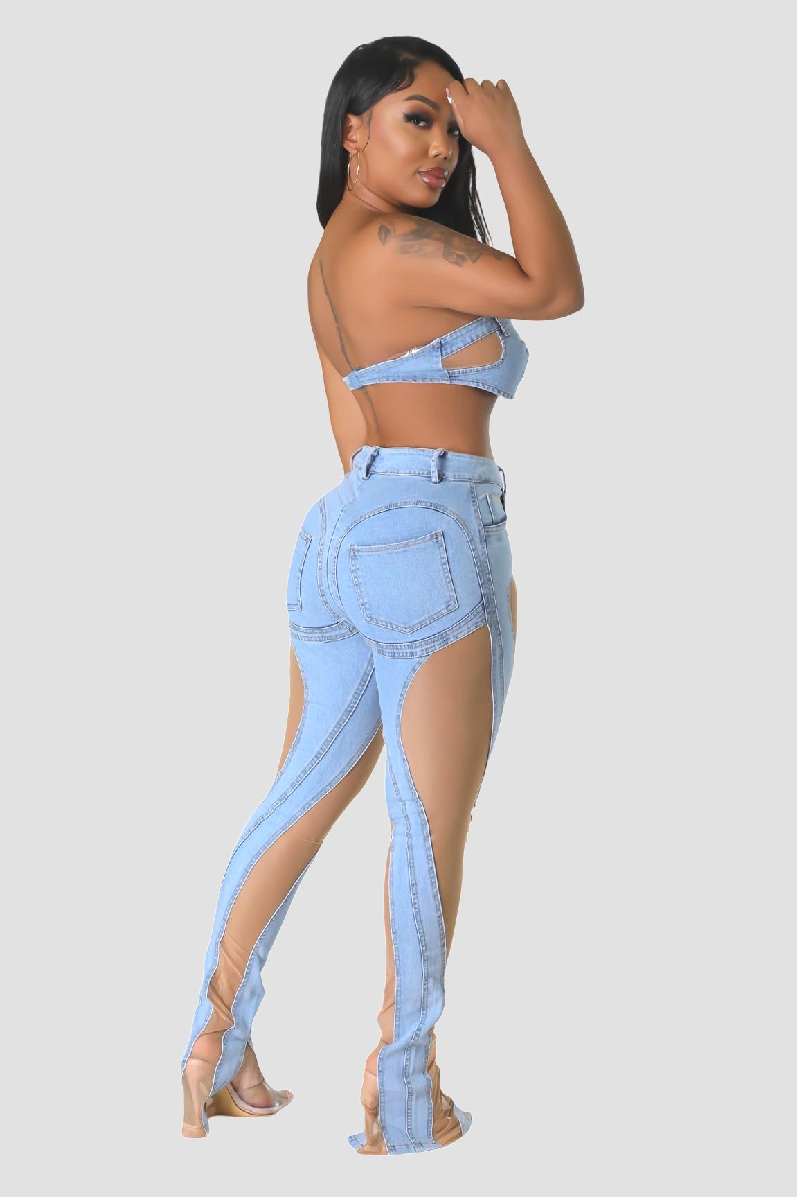 Level Up.....Mesh Denim Combo Pants Set