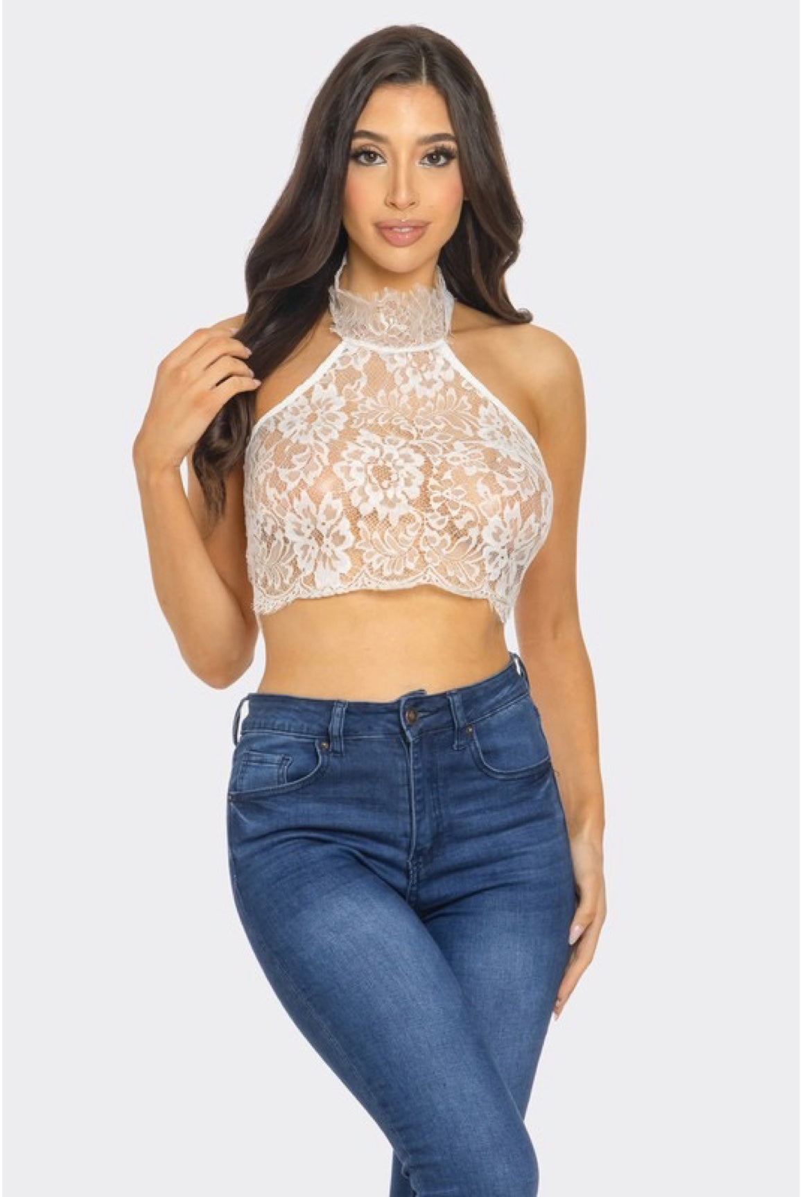 Reese.....Mock Neck Lace Crop Top